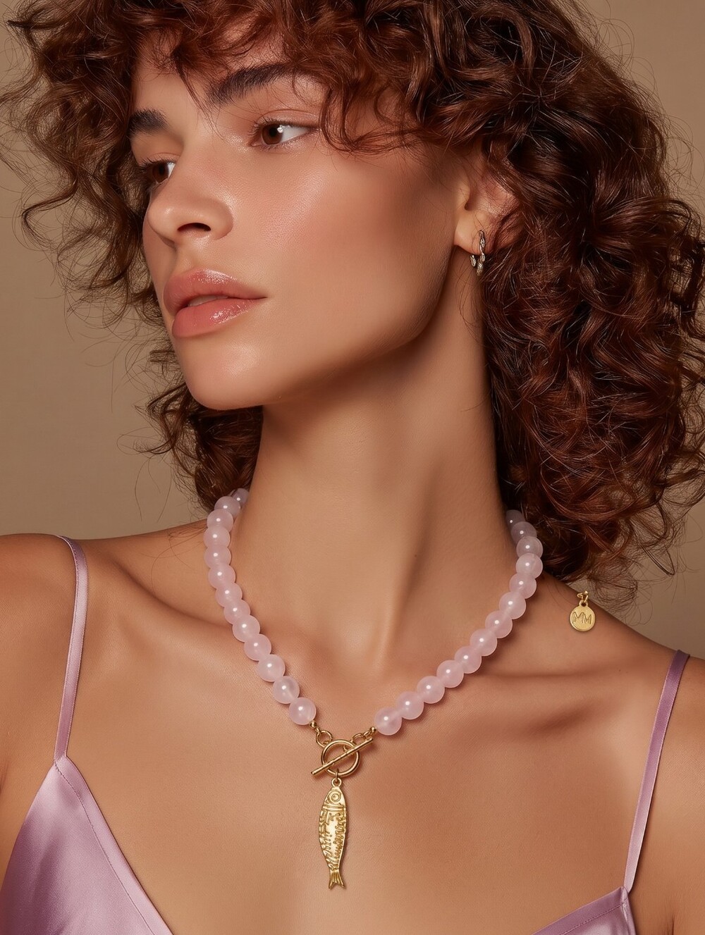 Mayamar Light Pink Glass Beaded Necklace w 24k Gold Plated Fish Charm & Gift Bag